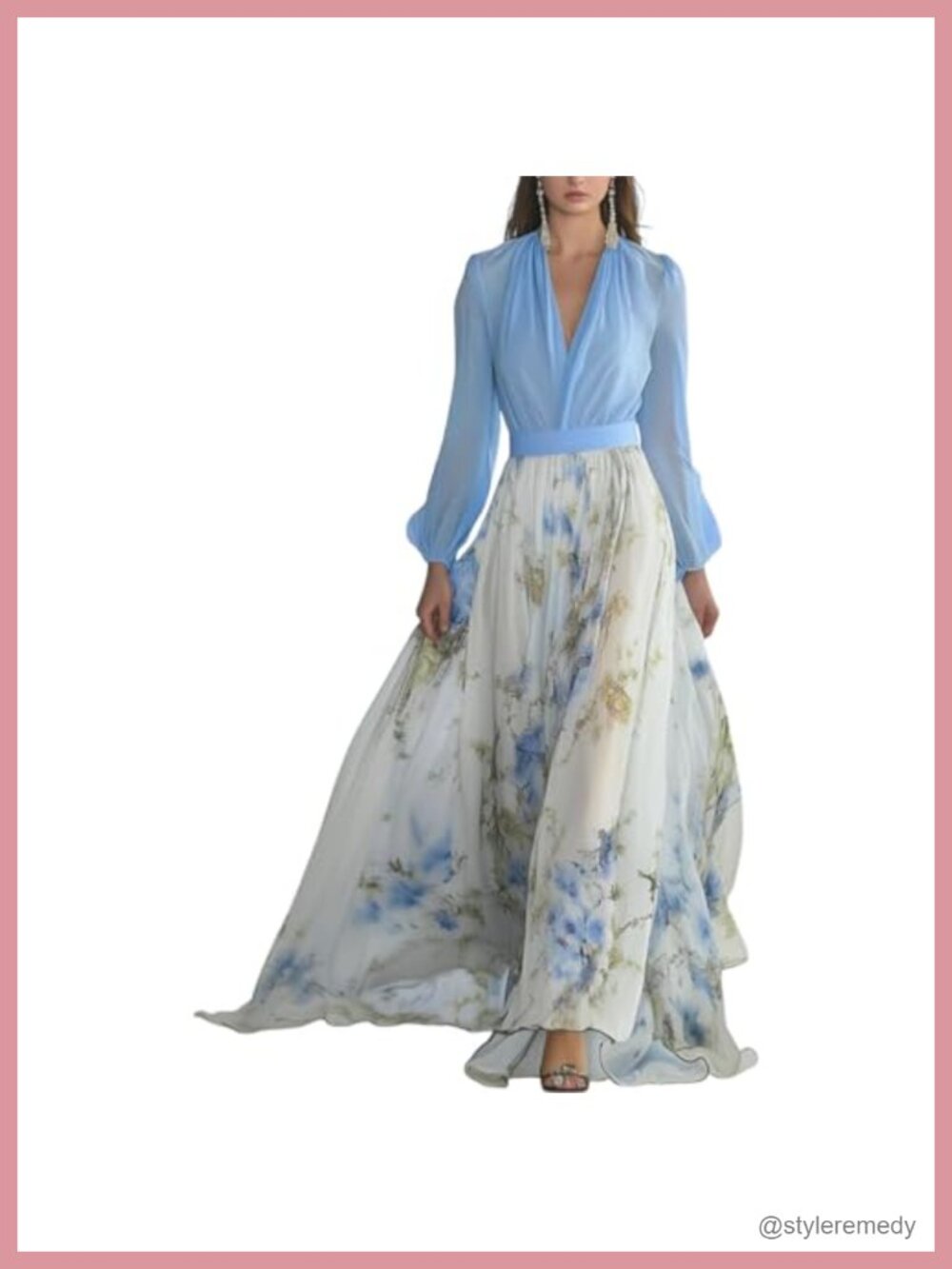 Long Sleeve Chiffon Floral Boho Empire Waist Maxi Wedding Guest Dress